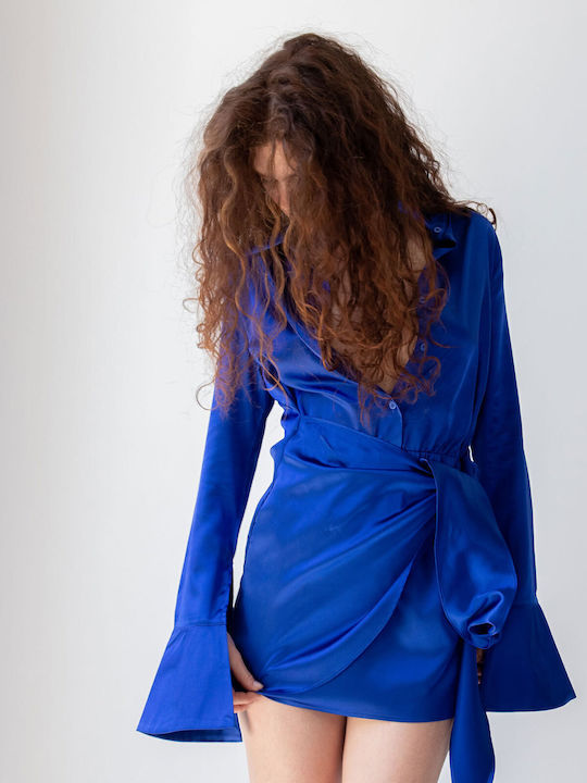 Mini Evening Shirt Dress with Lace Blue