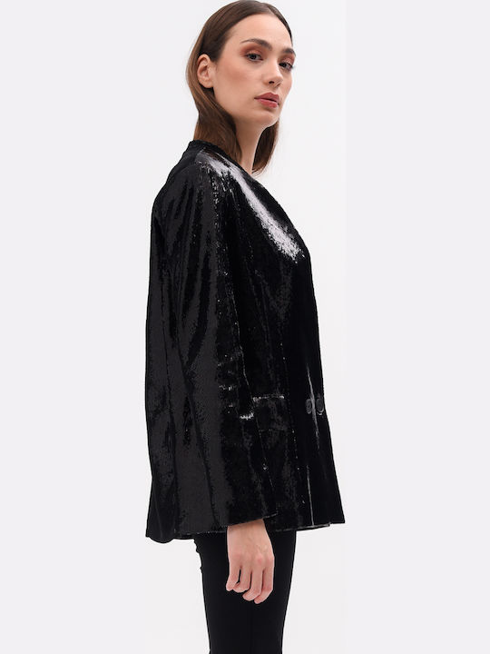 Liviana Conti Long Women's Double Breasted Blazer Black with Sequins