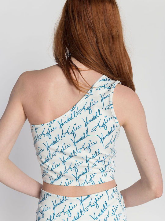 Women's Blouse with One Shoulder White, Blue