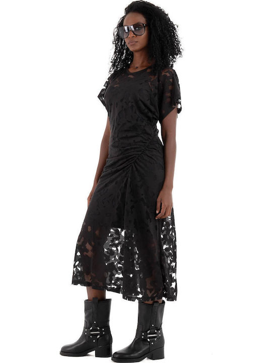 Rochie Midi De Seară Cu Dantelă Și Plasă Neagră