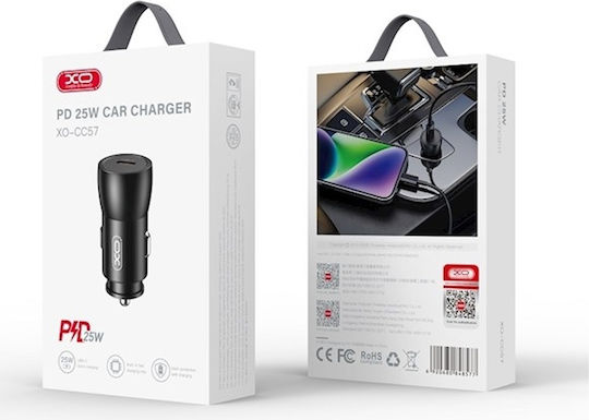 XO CC56 Автомобилен Зарядно Устройство 30W 3A Бързо Зареждане с Портове 1xUSB-A 1xType-C с Кабел Type-C Черен Цвят