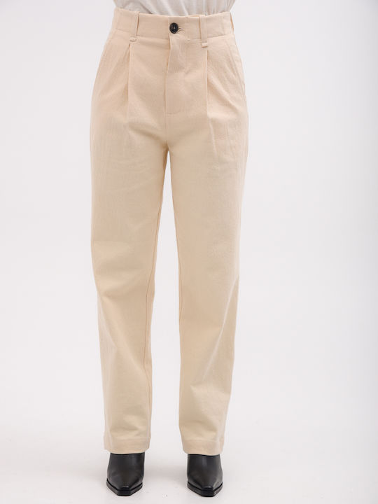 Damen Hoch tailliert Stoff Hose in Lockere Passform Beige