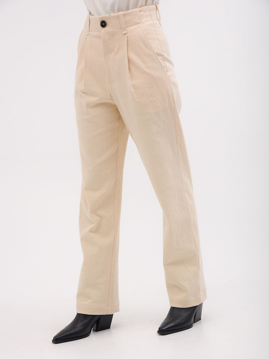 Damen Hoch tailliert Stoff Hose in Lockere Passform Beige