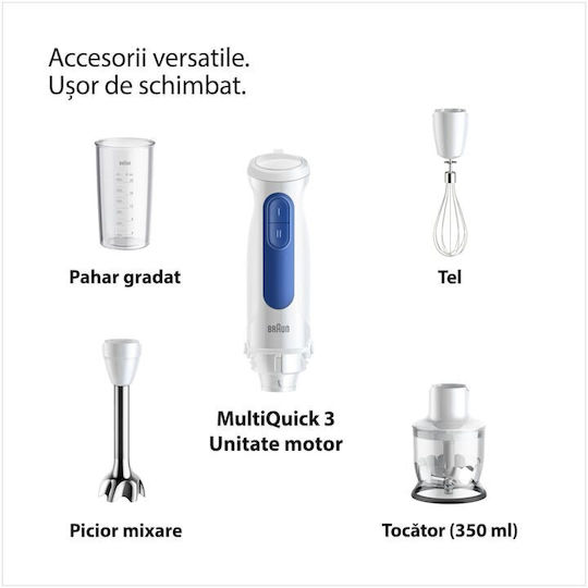Braun MultiQuick 3 Blender de Mână cu Tijă din Inox 900W Alb