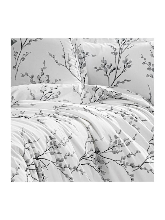 Pucioasa Set Husă de Pilotă Bumbac Dublă cu 4 Fețe de Pernă & 1 Cearsaf 200x220 Gray Twig Buds