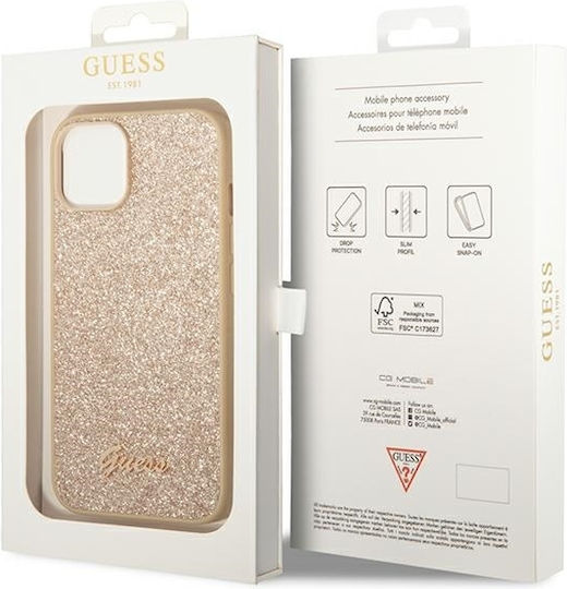 Guess Glitter Flakes Script Metal Logo Back Cover Silicone Gold (iPhone 14 Plus)