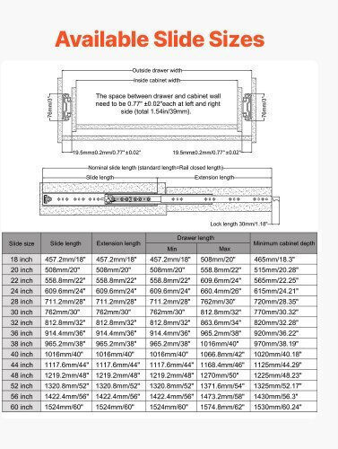 Vevor Pair of Sliding Rails Soft Close Full Extension 16-60 Inches 500 Lbs Zxcthg500b607bscwv0