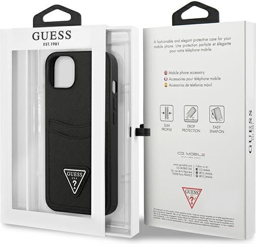 Guess Saffiano Double Card Back Cover Piele artificială cu Suport pentru Carduri Negru (iPhone 13 mini)