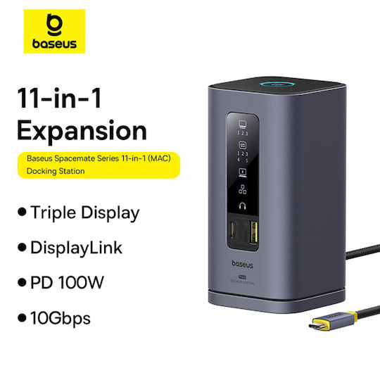 Baseus Spacemate 11in1 USB-C Docking Station with HDMI/DisplayPort 4K PD Ethernet and Support for 4 Monitors Gray