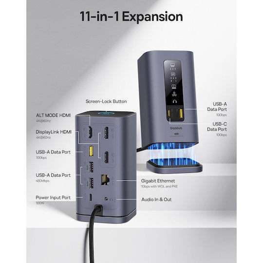 Baseus Spacemate 11in1 USB-C Docking Station with HDMI/DisplayPort 4K PD Ethernet and Support for 4 Monitors Gray