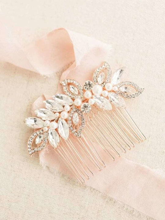 Rose Gold Булчински Гребен Χτενάκι Ροζ Χρυσό Λαμπερά Κρύσταλλα