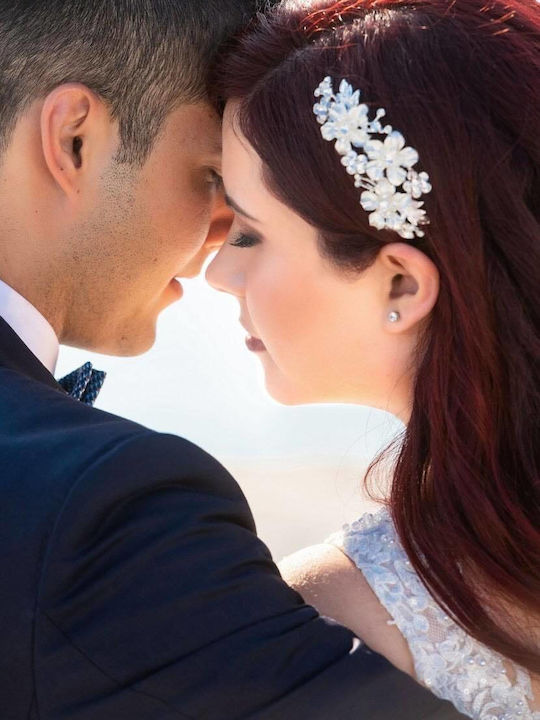 '' White Silver '' Χτενάκι Λουλούδια Σμάλτο Λαμπερά Κρύσταλλα