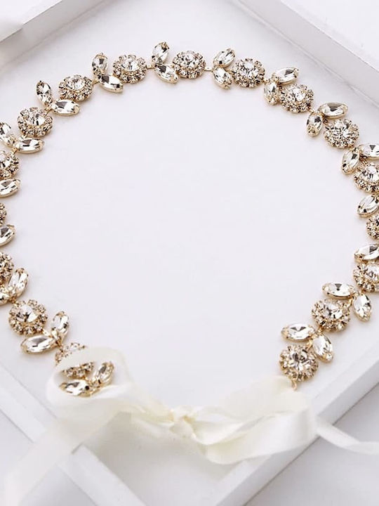 Zoya Unique Beauty Bridal Ribbon Gold Metal Decorated Sparkling Transparent Crystals