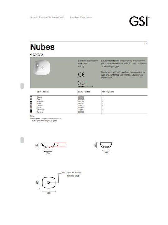GSI Nubes Aufgesetztes Waschbecken Porzellan 40x35x16cm White