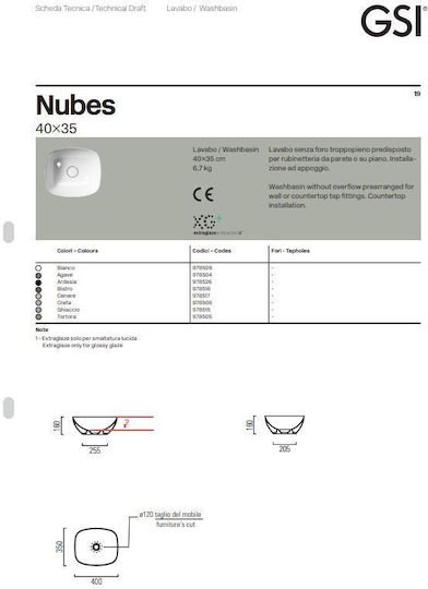 GSI Nubes Επικαθήμενος Νιπτήρας Πορσελάνης 40x35x16cm Λευκός