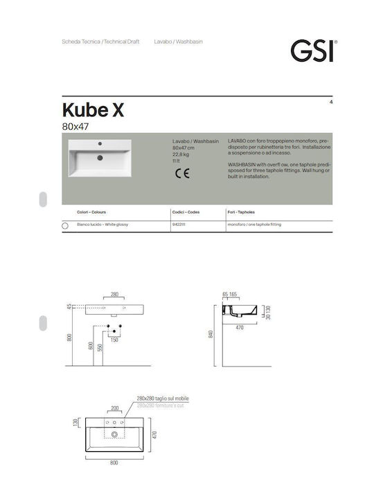 GSI Kube-X Επικαθήμενος Νιπτήρας Πορσελάνης 80x47x16cm Λευκός