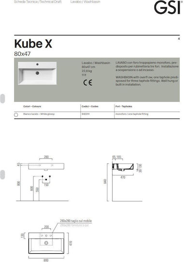 GSI Kube-X Countertop Sink Porcelain 80x47x16cm White