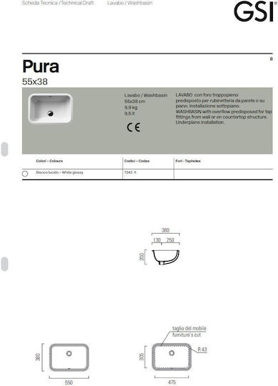 GSI Pura Countertop Sink Porcelain 55x38x15.5cm White