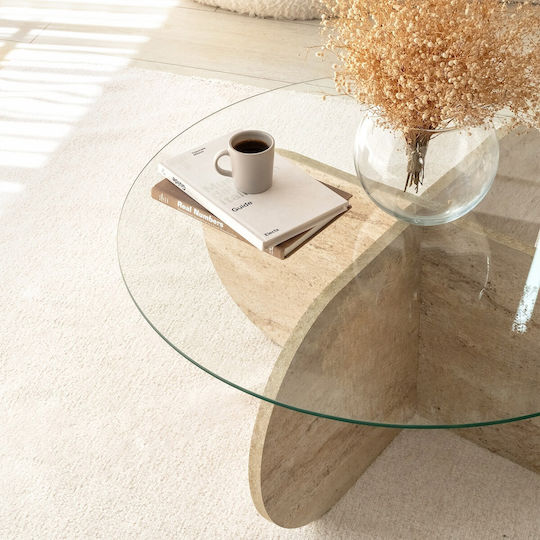 Кръгла Централна Кафе Маса Bubble Стъклена Travertine Бежово-прозрачно Ш75xД75xВ35см