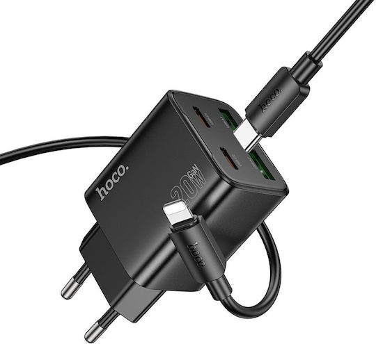 Hoco Φορτιστής GaN με 2 Θύρες USB-A και 2 Θύρες USB-C και Καλώδιο USB-C - Lightning 20W Power Delivery / Quick Charge 3.0 Μαύρος (N55 Fundador)