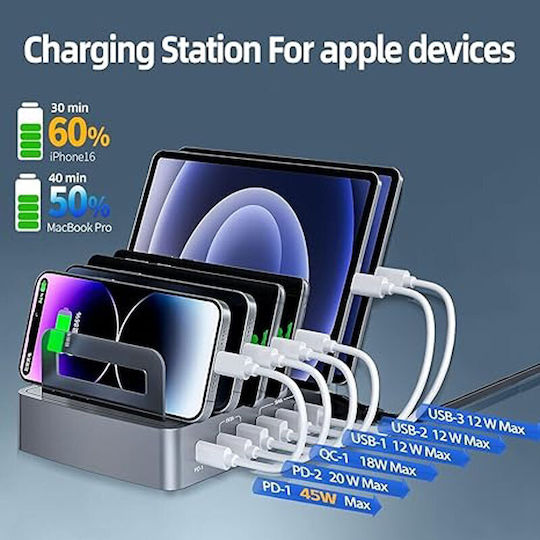 Andowl Βάση Φόρτισης με 4 Θύρες USB-A και 2 Θύρες USB-C 45W Power Delivery σε Γκρι χρώμα (Q-XW78)