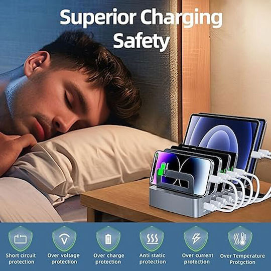 Andowl Βάση Φόρτισης με 4 Θύρες USB-A και 2 Θύρες USB-C 45W Power Delivery σε Γκρι χρώμα (Q-XW78)