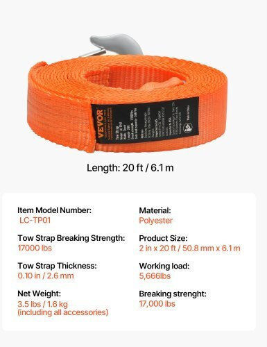 Vevor Car Towing Rope with Towing Capacity up to 7.7 Tons in Orange Colour