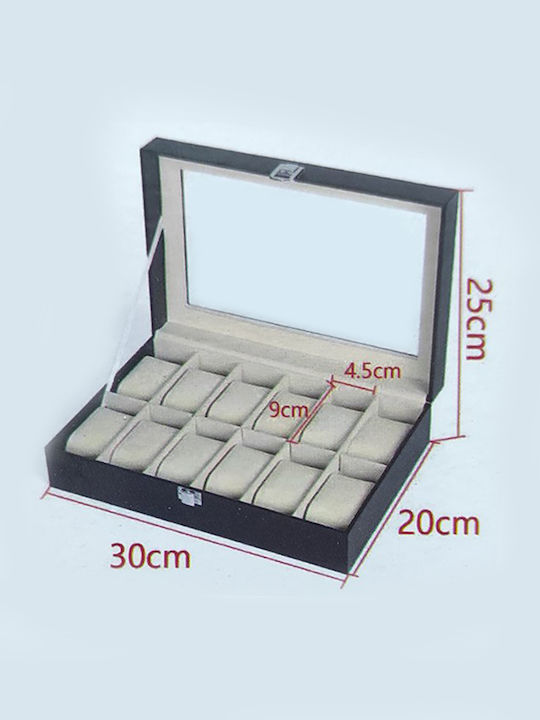 Leather Watch Case 12 Slots Velvet Interior Lining Glass Lid 30x20x7.5cm Ld-1022