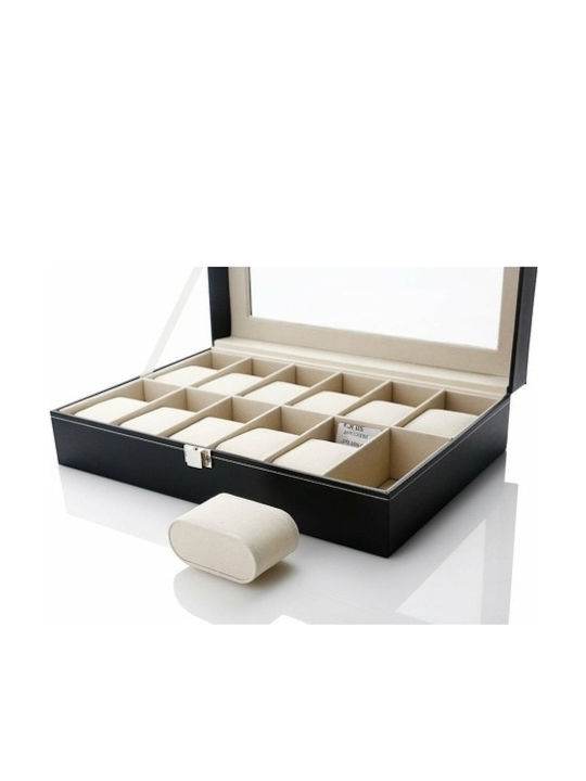 Storage Box Watches 12 Compartments Detachable Soft Cushions Made Eco Leather Black Cream