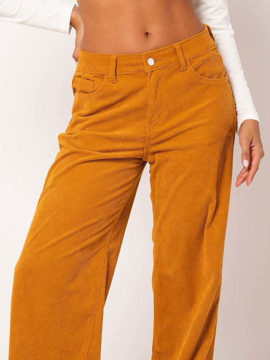 Damen Stoff Hose in Weitem Schnitt Mustard