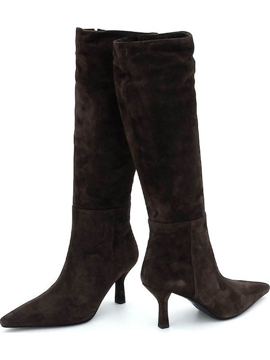 Suede High Heel Women's Boots with Zipper Brown
