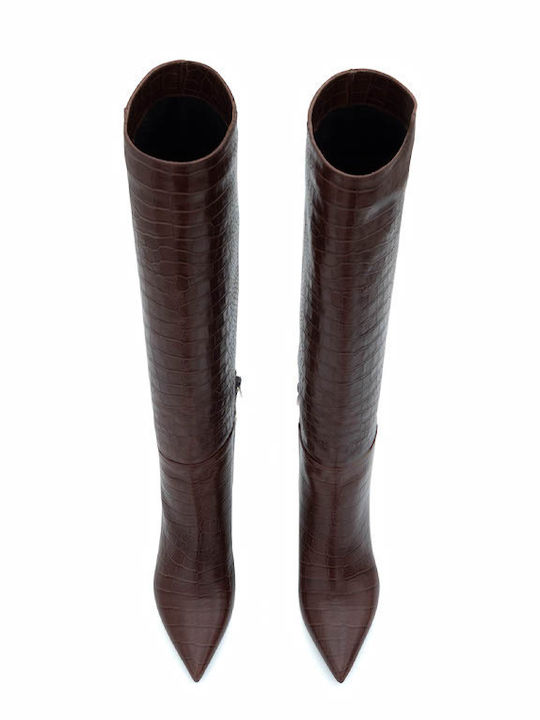 Leather High Heel Women's Boots with Zipper Brown