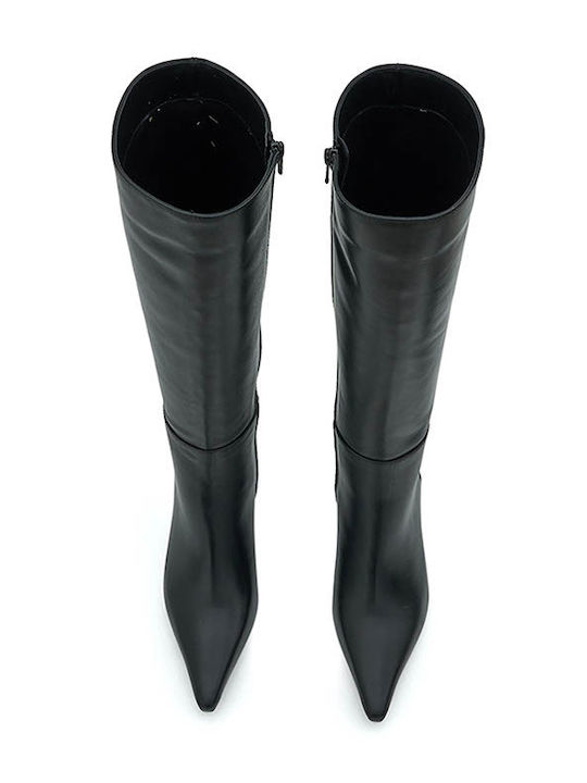 Leather High Heel Women's Boots with Zipper Black
