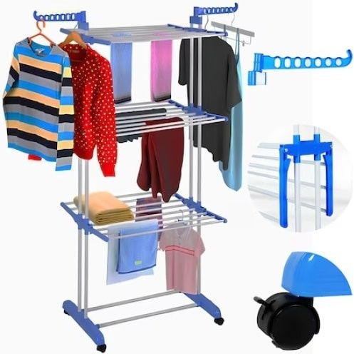Folding Floor Clothes Drying Rack Metallic with Wheels