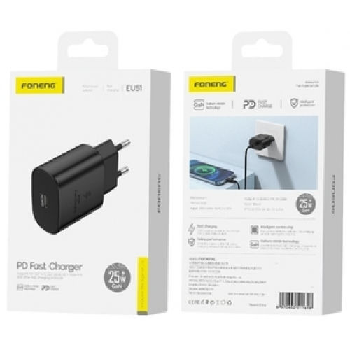 Foneng Φορτιστής Χωρίς Καλώδιο GaN με Θύρα USB-C 25W Power Delivery Μαύρος (EU51)