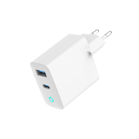 Gembird Зарядно без кабел GaN с USB-A порт и USB-C порт 30W Power Delivery / Quick Charge 3.0 Бял (TA-UC-PDQC30L-W-01)