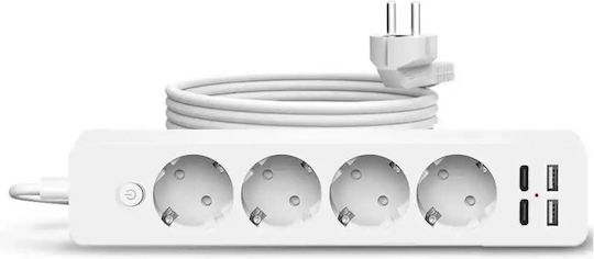 Bandă de alimentare 4 Prize cu USB-A, USB-C, Comutator și Cablu 2m