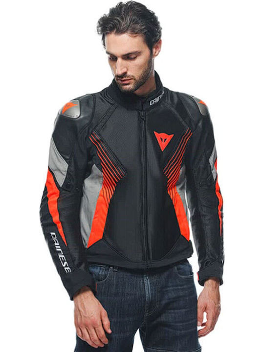 Dainese Super Rider 2 Herren Motorradjacke Leder 4 Jahreszeiten Wasserdicht Black/Dark Gull Gray/Fluo-Red