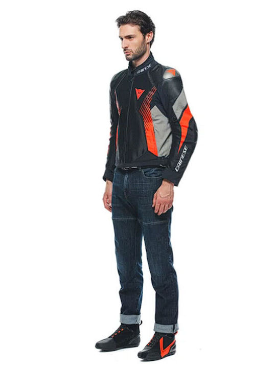 Dainese Super Rider 2 Herren Motorradjacke Leder 4 Jahreszeiten Wasserdicht Black/Dark Gull Gray/Fluo-Red