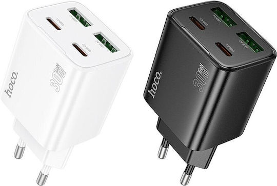 Hoco Ladegerät ohne Kabel mit 2 USB-A Anschlüsse und 2 USB-C Anschlüsse 30W Stromlieferung / Schnellaufladung 3.0 Weißs (N56 Fundador)