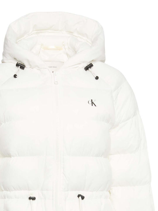 Women's Long Puffer Jacket for Winter with Hood White