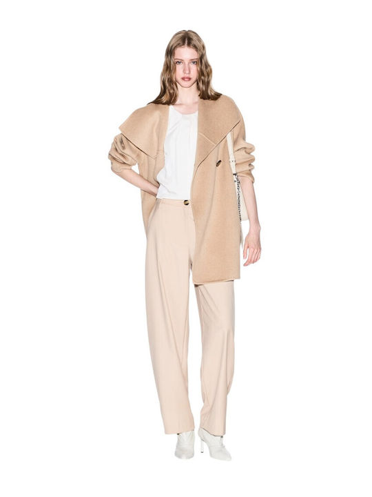 Wolle Damen Beige Mantel mit Knöpfen