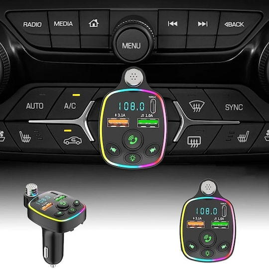 Modulator FM Auto Tip C Încărcător USB 3.1A pentru Mașină MicroSD Handsfree Microfon Bluetooth Afișaj Voltaj Baterie Lumină LED Negru