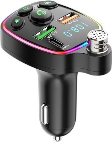 Modulator FM Auto Tip C Încărcător USB 3.1A pentru Mașină MicroSD Handsfree Microfon Bluetooth Afișaj Voltaj Baterie Lumină LED Negru