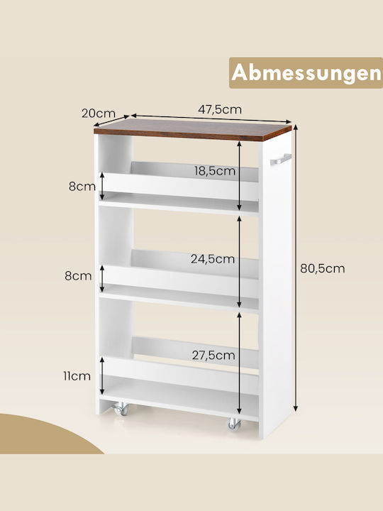 Costway Kitchen Trolley Wooden White 47.5x20x80.5cm