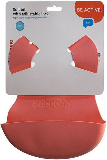Babyono Soft Adjustable Lock Αδιάβροχη Σαλιάρα Σιλικόνης με Κουμπί & Τσέπη Ροζ για 6 m+