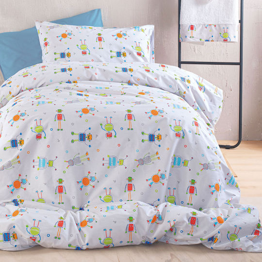 Rythmos Set Pătură Pentru Copii Single Cu Față De Pernă Robot Chat Alb 160x240 cm