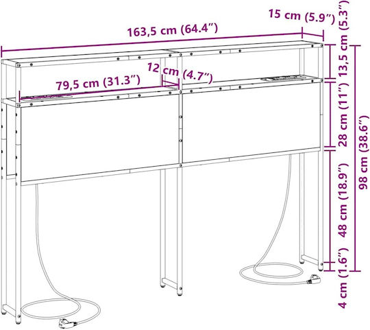vidaXL Hölzernes Kopfstütze für Betten Grau Sonoma 163,5x98cm