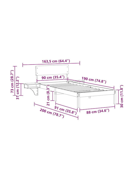 Pat Single Din Lemn Alb Cu Plăci Pentru Saltea 90x190cm