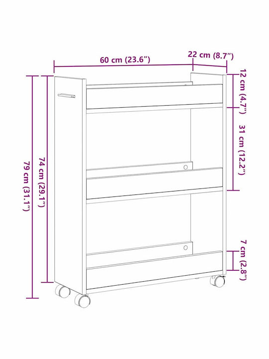 vidaXL Wooden Kitchen Trolley 3 Tiers Black 60x22x79cm